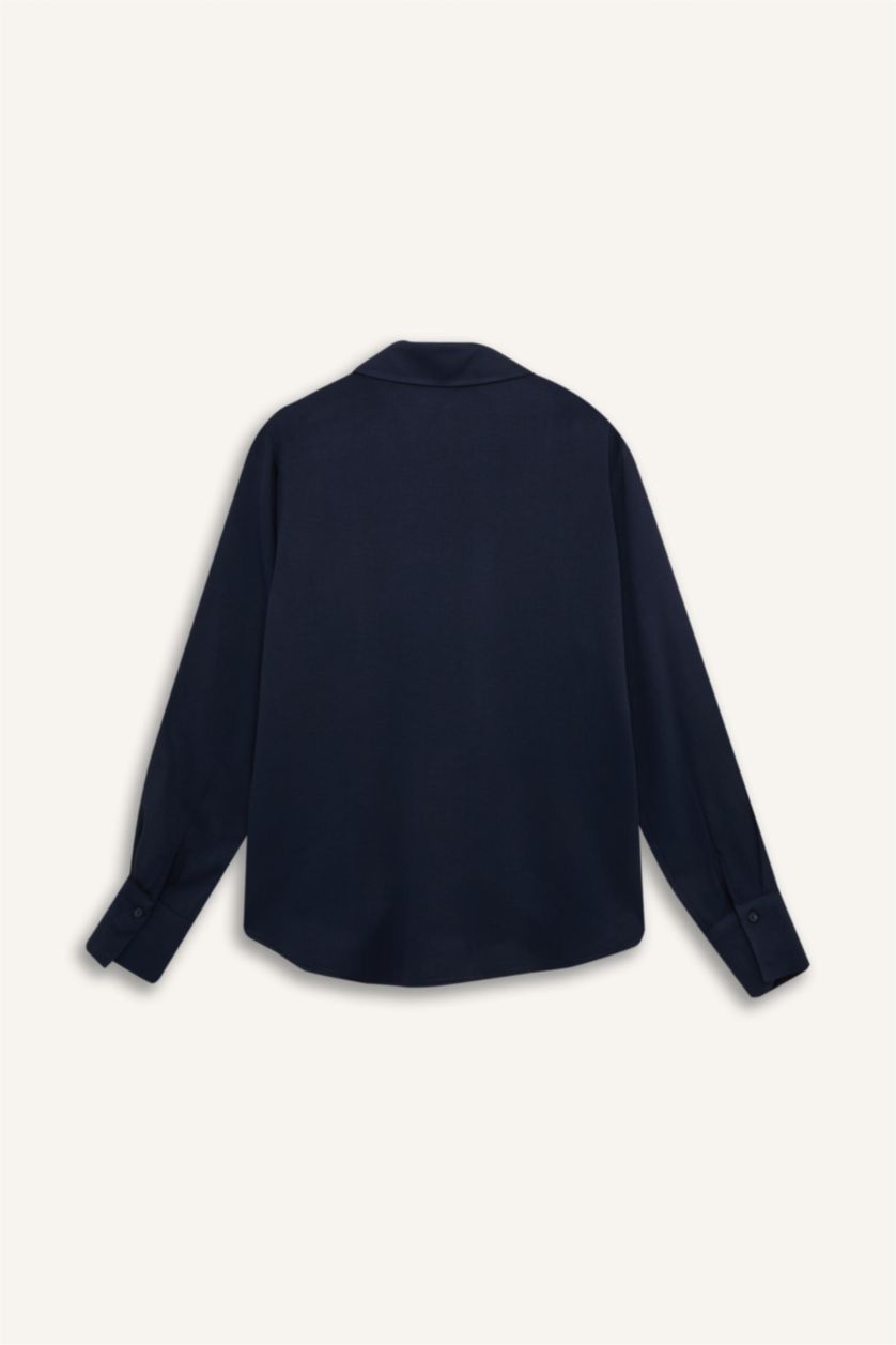 Kadın Lacivert Regular Fit Basic Düz Uzun Kollu Gömlek