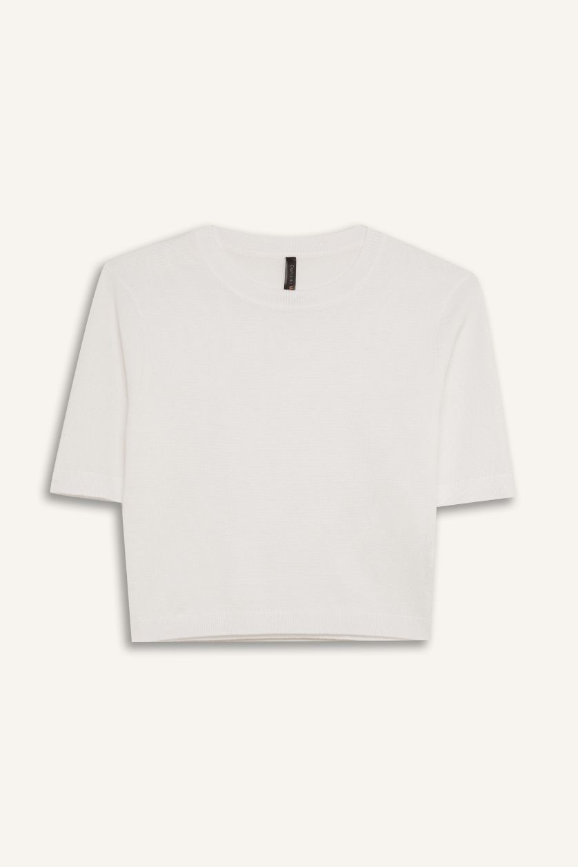 Kadın Ekru Regular Fit Bisiklet Yaka Basic Düz Triko Kazak