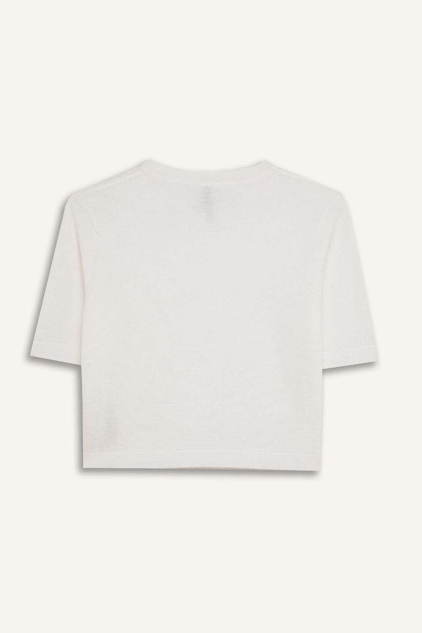 Kadın Ekru Regular Fit Bisiklet Yaka Basic Düz Triko Kazak