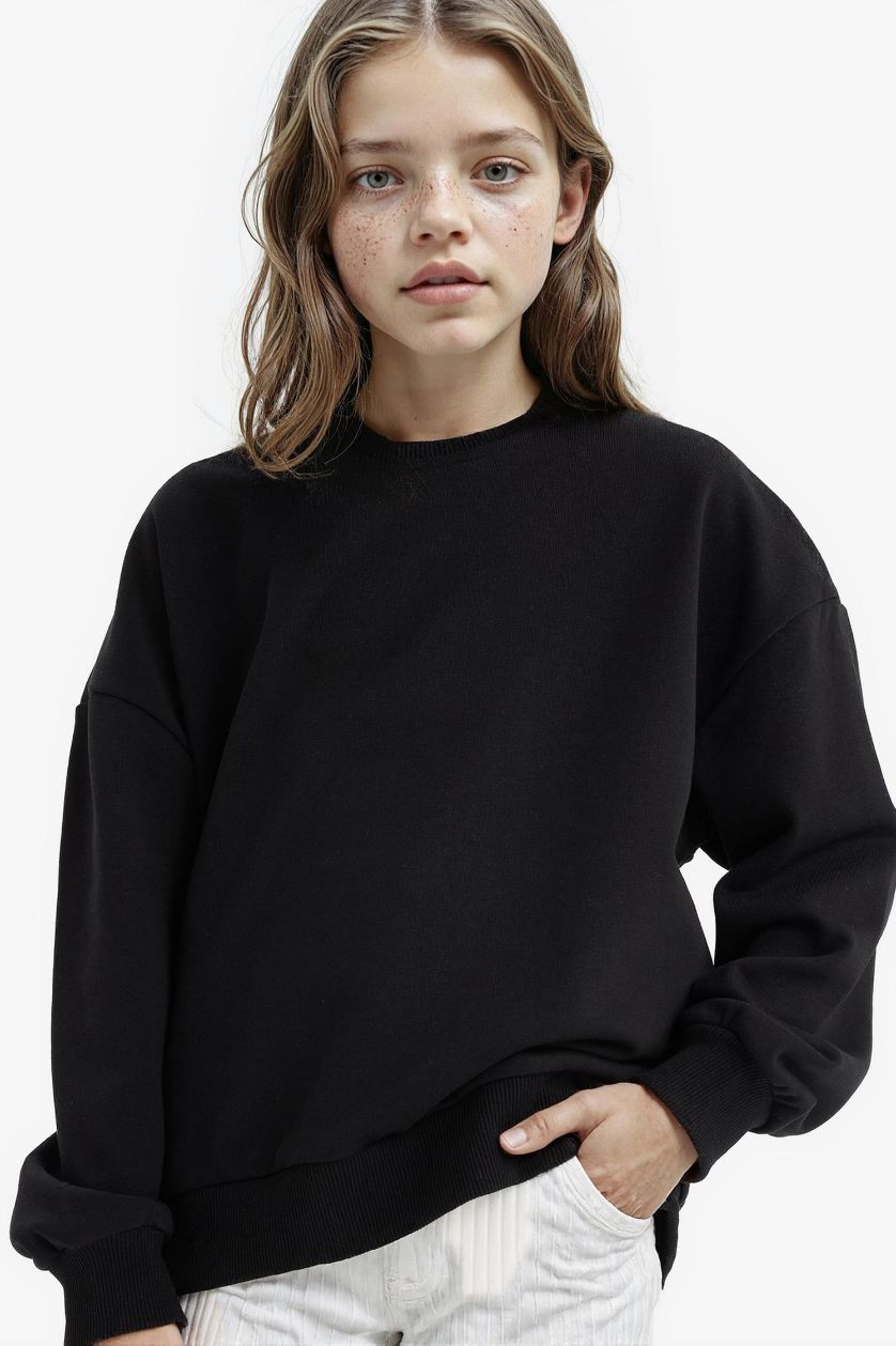 Kız Çocuk - Genç Kız Siyah Oversize Geniş Kalıp Bisiklet Yaka Sırt Baskılı Sweatshirt Kız Çocuk