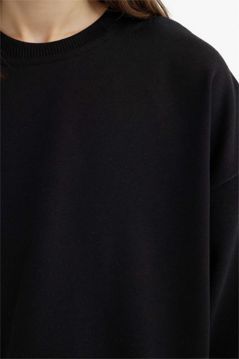 Kız Çocuk - Genç Kız Siyah Oversize Geniş Kalıp Bisiklet Yaka Sırt Baskılı Sweatshirt Kız Çocuk