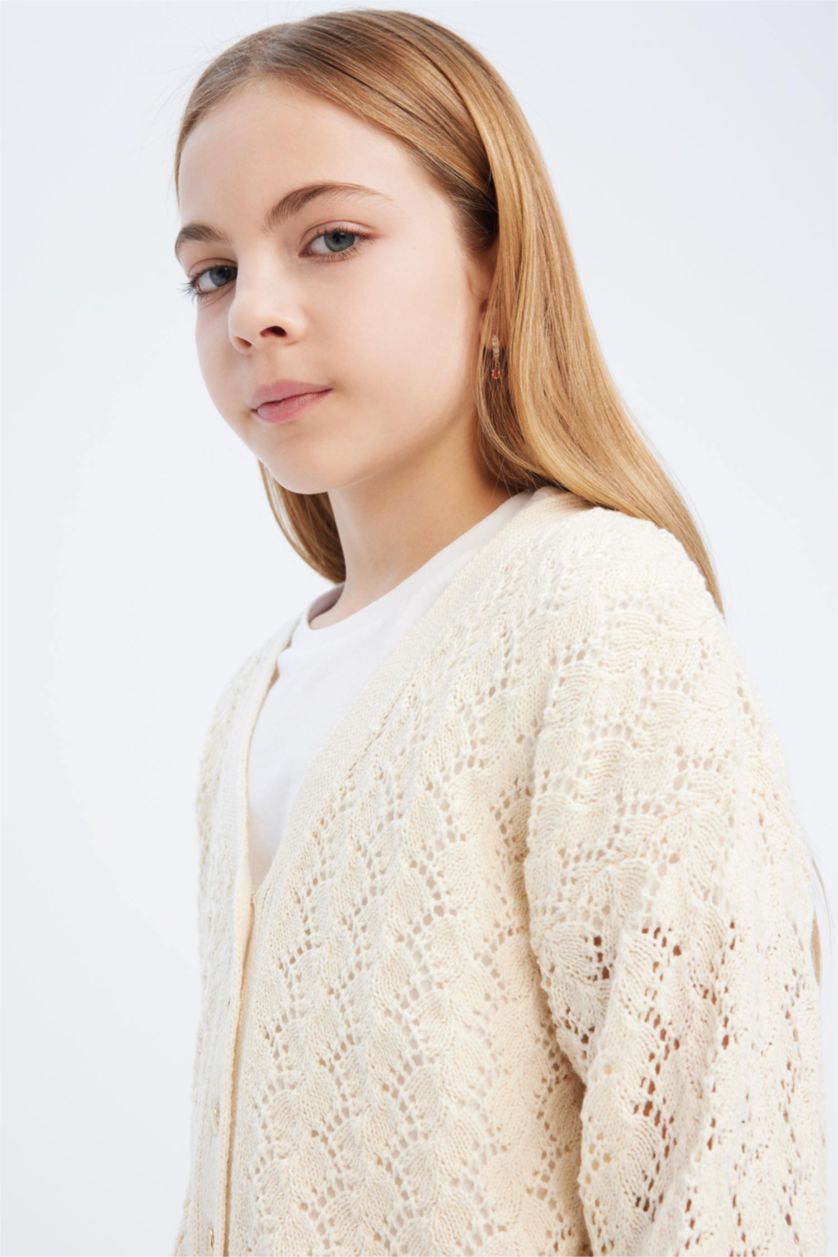 Kız Çocuk - Genç Kız Ekru V Yaka Triko Hırka Kız Çocuk