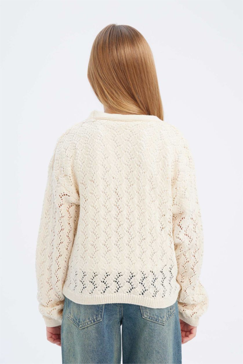 Kız Çocuk - Genç Kız Ekru V Yaka Triko Hırka Kız Çocuk