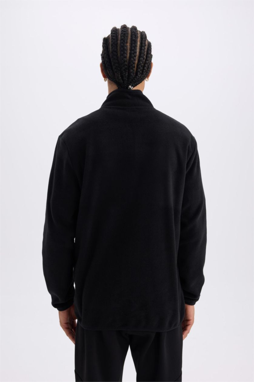 Erkek Siyah Standart Fit Dik Yaka Fermuarlı Polar Sporcu Sweatshirt