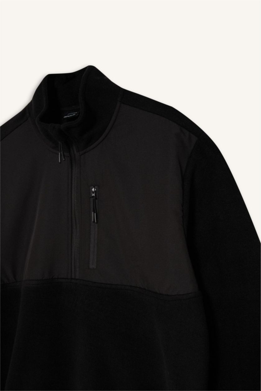 Erkek Siyah Standart Fit Dik Yaka Fermuarlı Polar Sporcu Sweatshirt