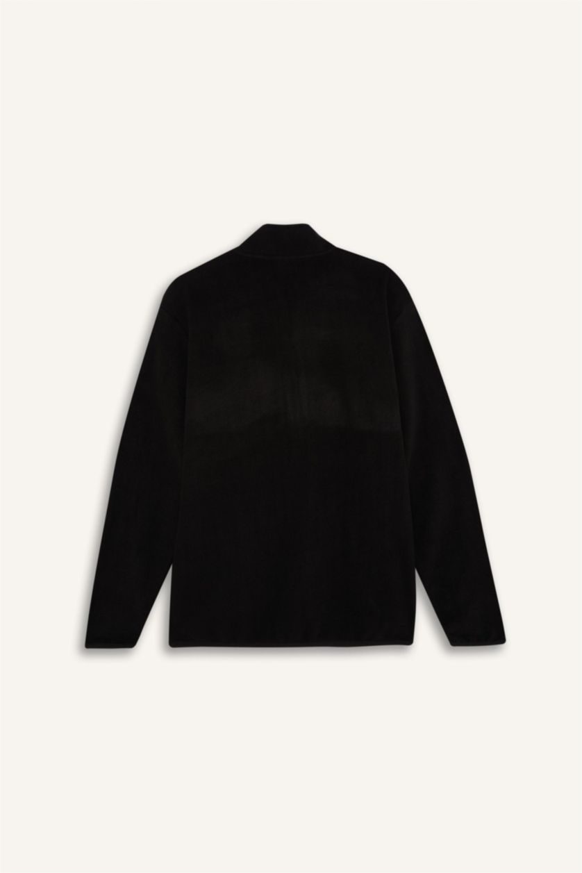 Erkek Siyah Standart Fit Dik Yaka Fermuarlı Polar Sporcu Sweatshirt