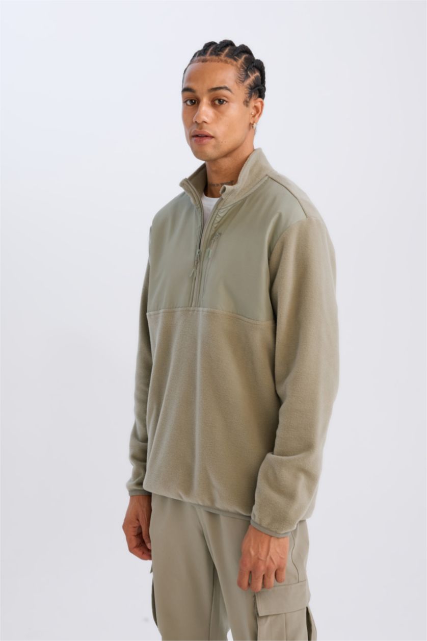 Erkek Açık Haki Standart Fit Dik Yaka Fermuarlı Polar Sporcu Sweatshirt