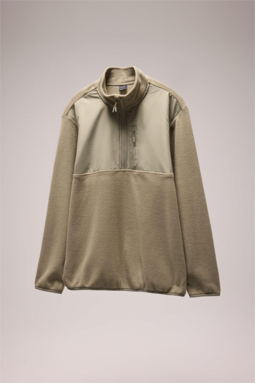 Erkek Açık Haki Standart Fit Dik Yaka Fermuarlı Polar Sporcu Sweatshirt