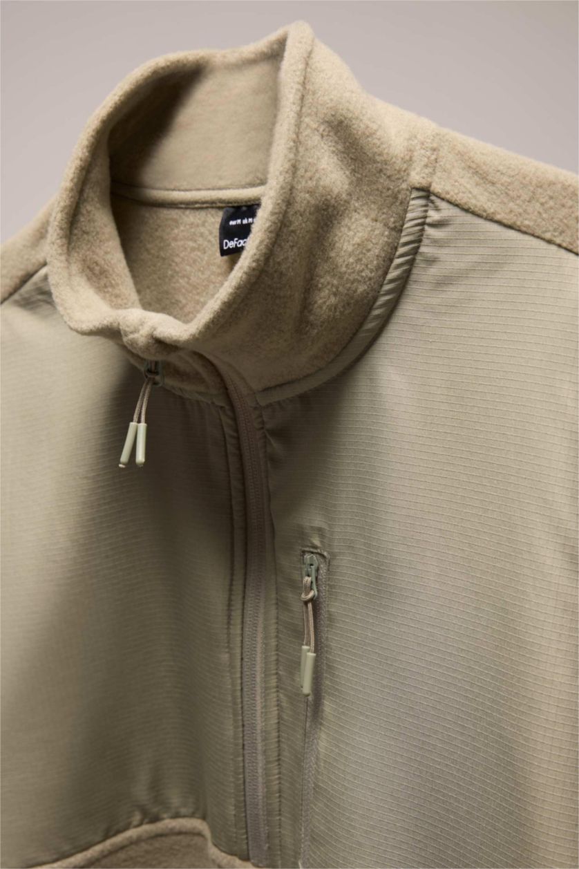 Erkek Açık Haki Standart Fit Dik Yaka Fermuarlı Polar Sporcu Sweatshirt