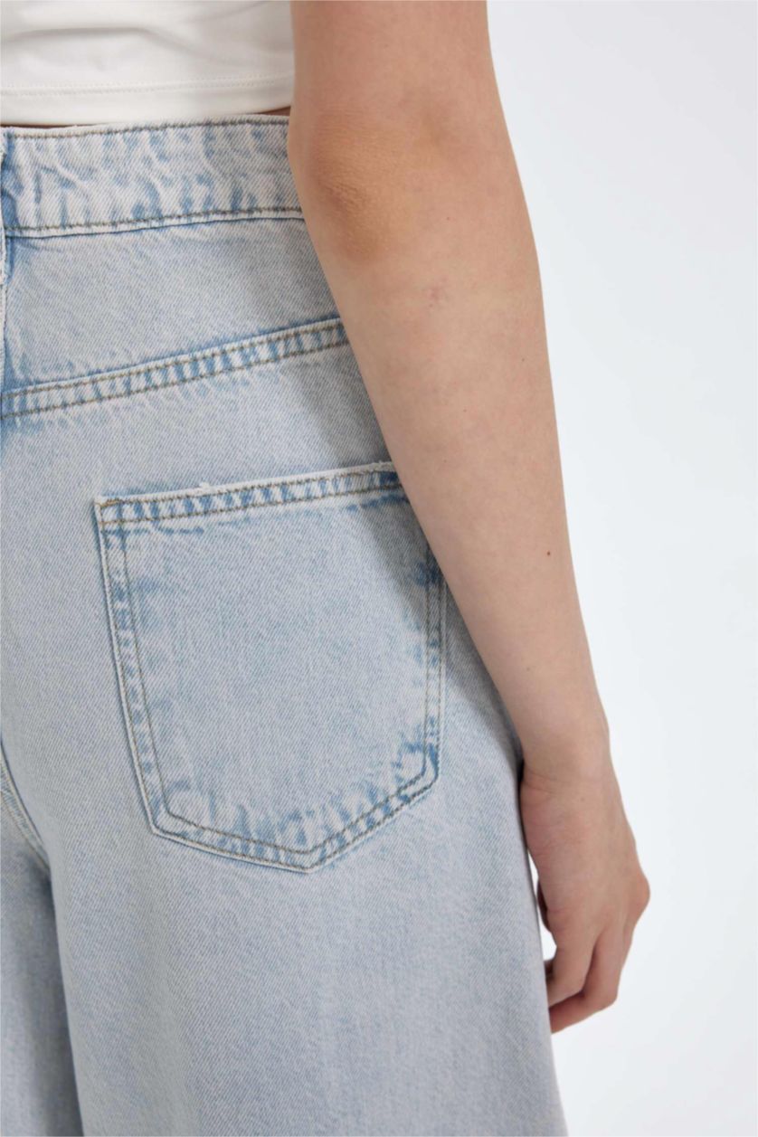 Kadın Açık Mavi Wide Baggy Fit Ekstra Geniş Kalıp Normal Bel Ekstra Geniş Paça Jean Yıkamalı Pantolon