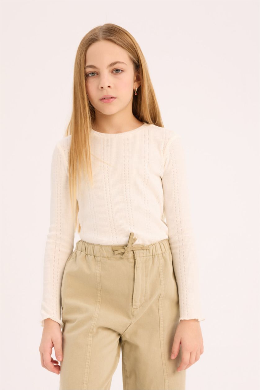 Girls & Teens White Girl Slim Fit Crew Neck Long Sleeve T-Shirt