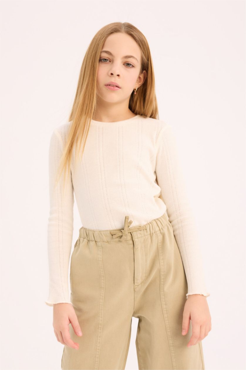 Girls & Teens White Girl Slim Fit Crew Neck Long Sleeve T-Shirt