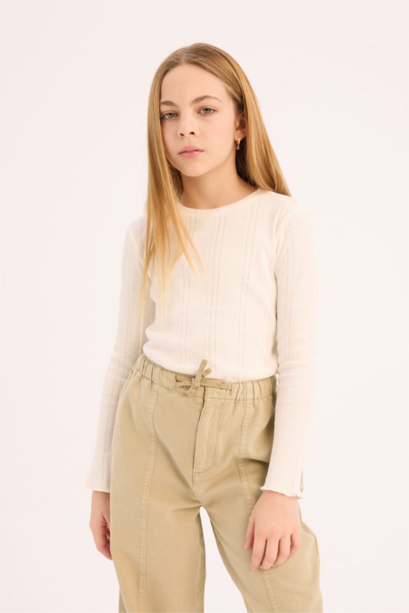 Girls & Teens White Girl Slim Fit Crew Neck Long Sleeve T-Shirt