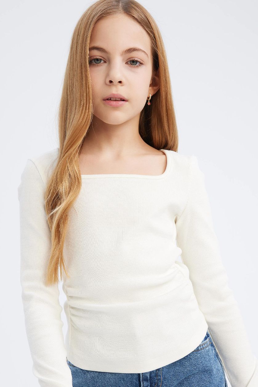 Kız Çocuk - Genç Kız Kırık Beyaz Slim Fit Dar Kesim Bisiklet Yaka Fitilli Kaşkorse Uzun Kollu Tişört Kız Çocuk