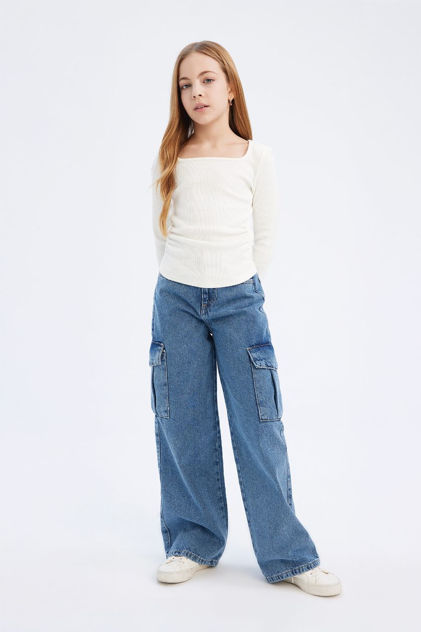 Kız Çocuk - Genç Kız Kırık Beyaz Slim Fit Dar Kesim Bisiklet Yaka Fitilli Kaşkorse Uzun Kollu Tişört Kız Çocuk