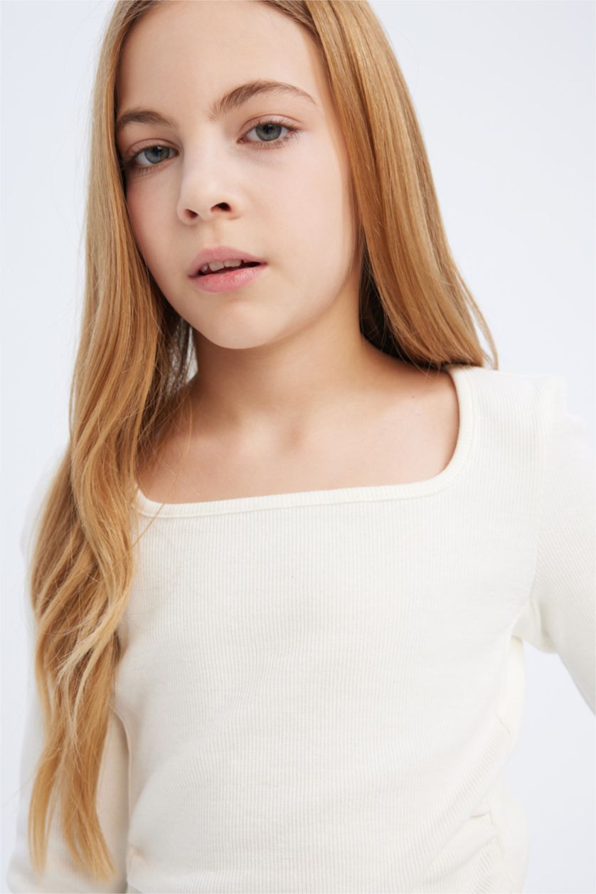 Kız Çocuk - Genç Kız Kırık Beyaz Slim Fit Dar Kesim Bisiklet Yaka Fitilli Kaşkorse Uzun Kollu Tişört Kız Çocuk