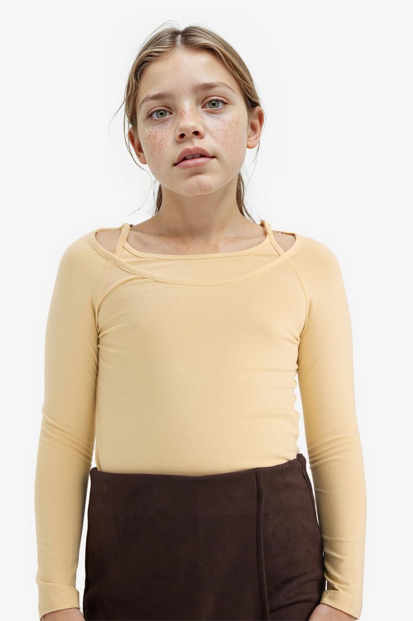 Girls & Teens Light Beige Girl Slim Fit Sweet Printed Corduroy Long Sleeve T-Shirt