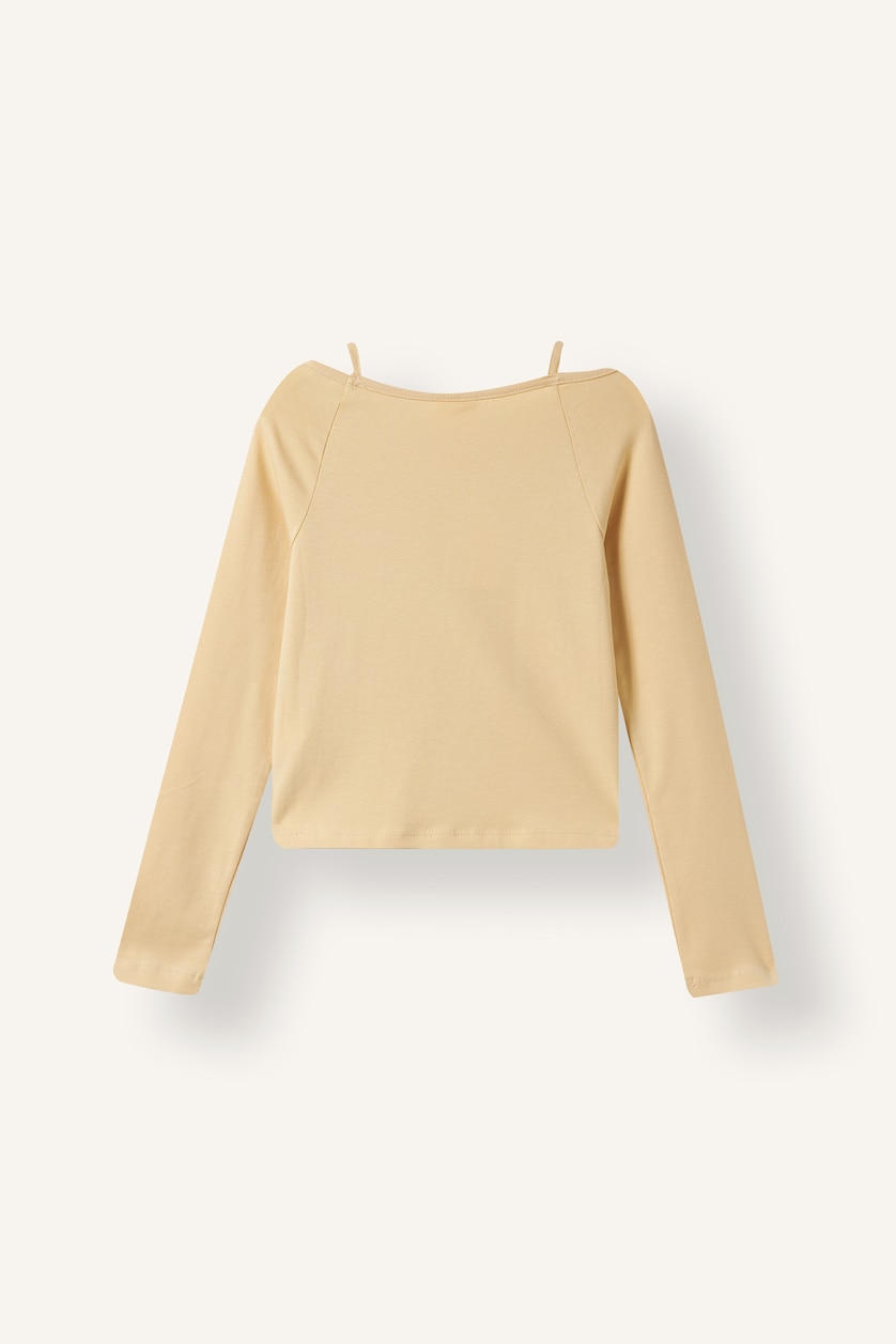 Kız Çocuk - Genç Kız Açık Bej Slim Fit Dar Kesim Kaçık Yaka Baskılı Fitilli Kaşkorse Uzun Kollu Tişört Kız Çocuk