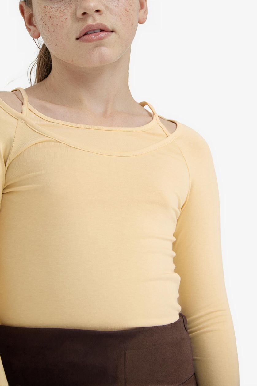 Girls & Teens Light Beige Girl Slim Fit Sweet Printed Corduroy Long Sleeve T-Shirt