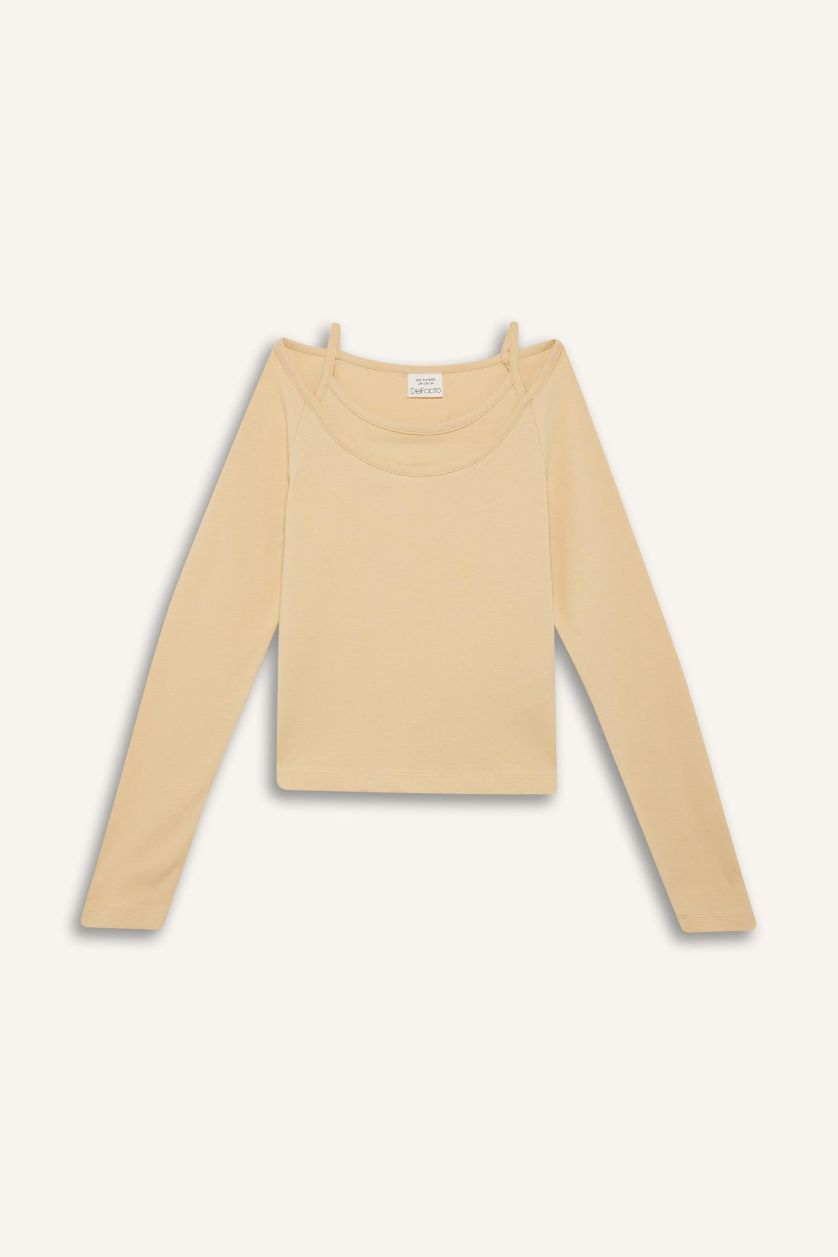 Girls & Teens Light Beige Girl Slim Fit Sweet Printed Corduroy Long Sleeve T-Shirt