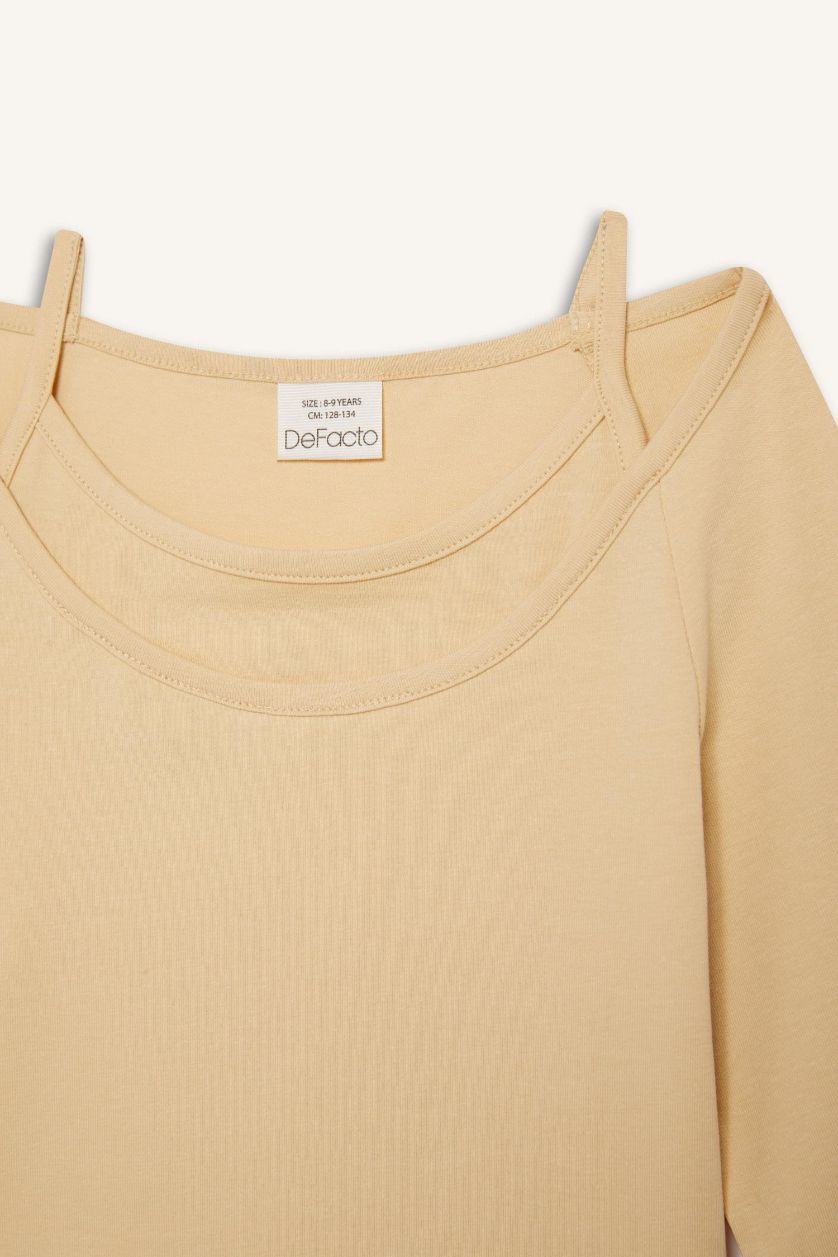 Girls & Teens Light Beige Girl Slim Fit Sweet Printed Corduroy Long Sleeve T-Shirt