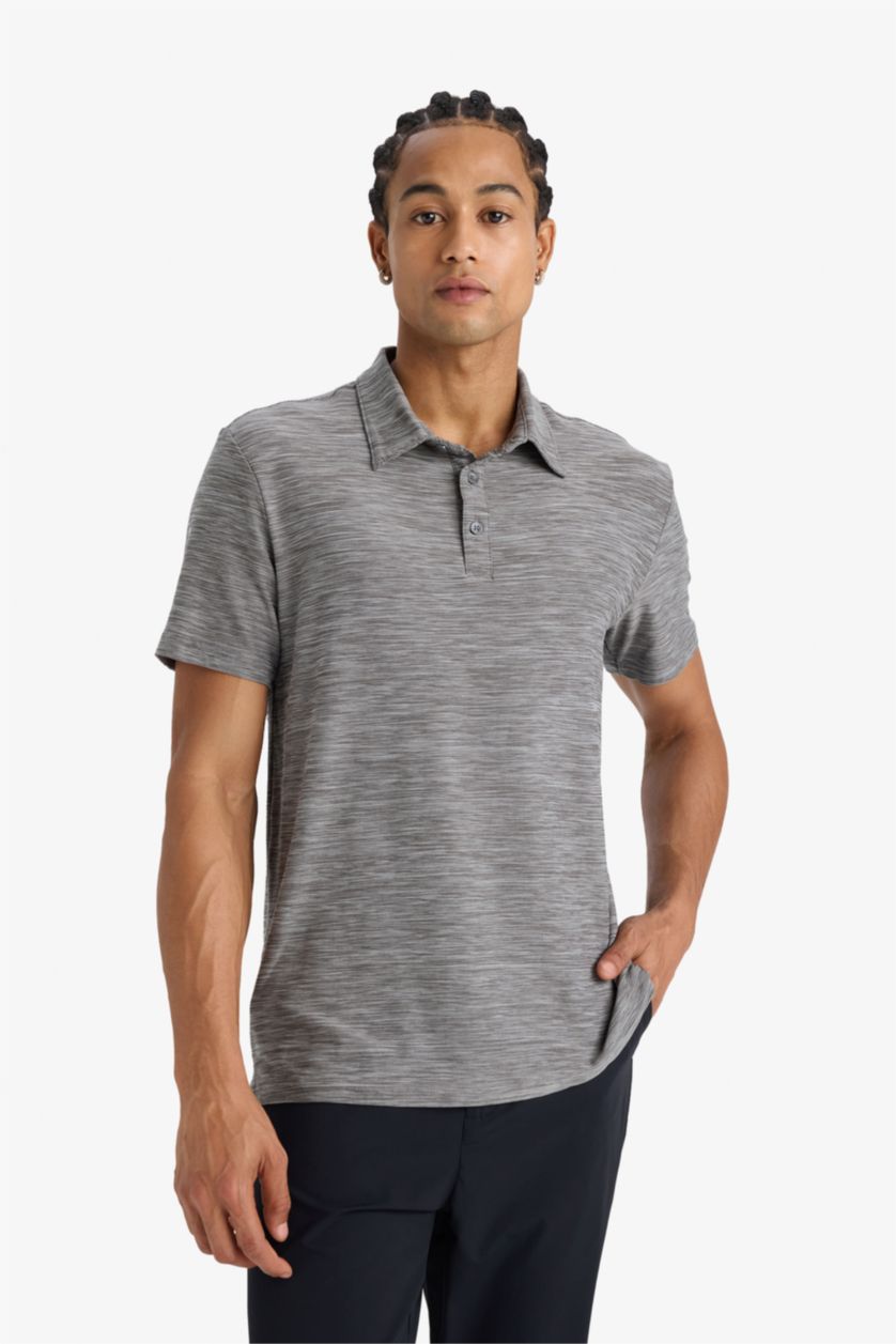 Erkek Gri Melanj Esnek Kumaş Standart Fit Polo Yaka Sporcu Kısa Kollu Tişört