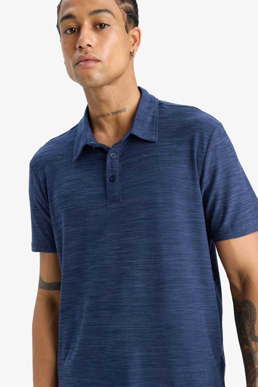 Erkek İndigo Melanj Esnek Kumaş Standart Fit Polo Yaka Sporcu Kısa Kollu Tişört