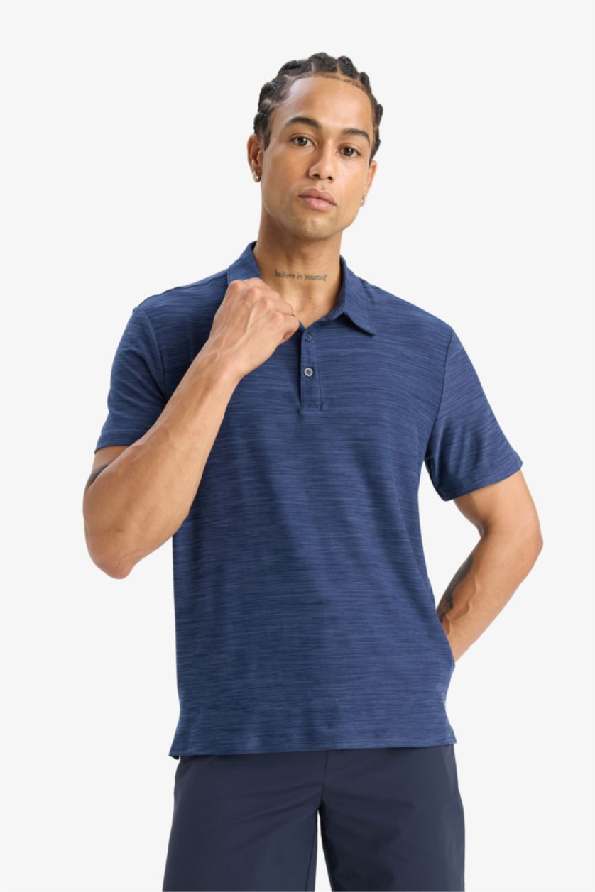 Erkek İndigo Melanj Esnek Kumaş Standart Fit Polo Yaka Sporcu Kısa Kollu Tişört