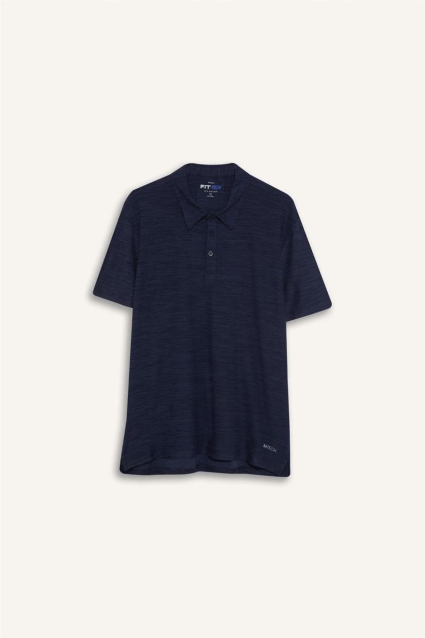 Erkek İndigo Melanj Esnek Kumaş Standart Fit Polo Yaka Sporcu Kısa Kollu Tişört