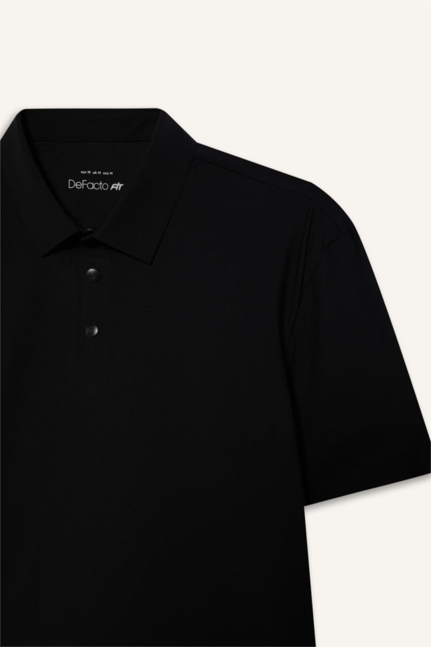 Erkek Siyah Esnek Kumaş Standart Fit Polo Yaka Sporcu Kısa Kollu Siyah Tişört
