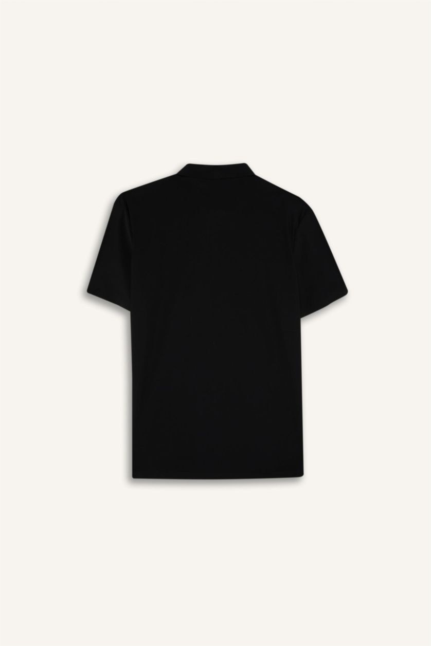 Erkek Siyah Esnek Kumaş Standart Fit Polo Yaka Sporcu Kısa Kollu Siyah Tişört