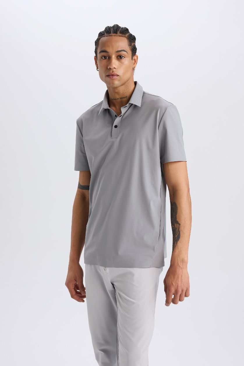 Erkek Gri Esnek Kumaş Standart Fit Polo Yaka Sporcu Kısa Kollu Tişört
