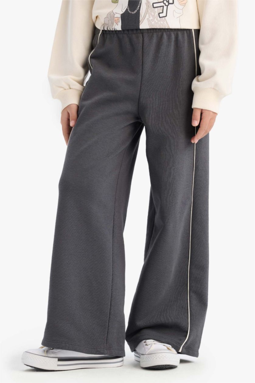 Kız Çocuk - Genç Kız Antrasit Wide Leg Beli Lastikli Geniş Bol Paça Eşofman Altı Kız Çocuk