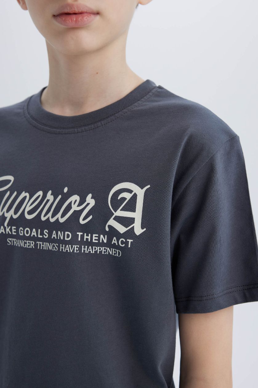 Erkek Çocuk - Genç Erkek Antrasit Bisiklet Yaka Baskılı Kısa Kollu Tişört Erkek Çocuk