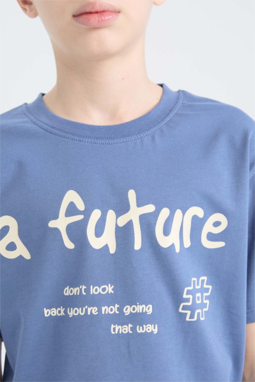 Boys & Teens Light Indigo Boy Crew Neck Printed Short Sleeve T-Shirt