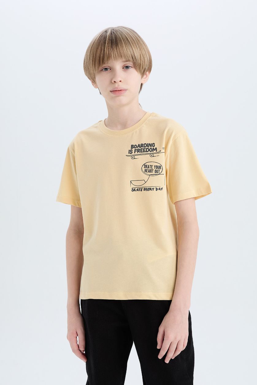 Erkek Çocuk - Genç Erkek Sarı Bisiklet Yaka Baskılı Kısa Kollu Tişört Erkek Çocuk