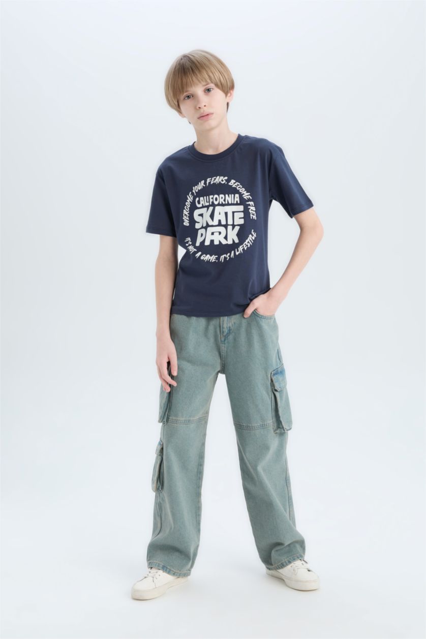 Erkek Çocuk - Genç Erkek Açık Lacivert Bisiklet Yaka Baskılı Kısa Kollu Tişört Erkek Çocuk