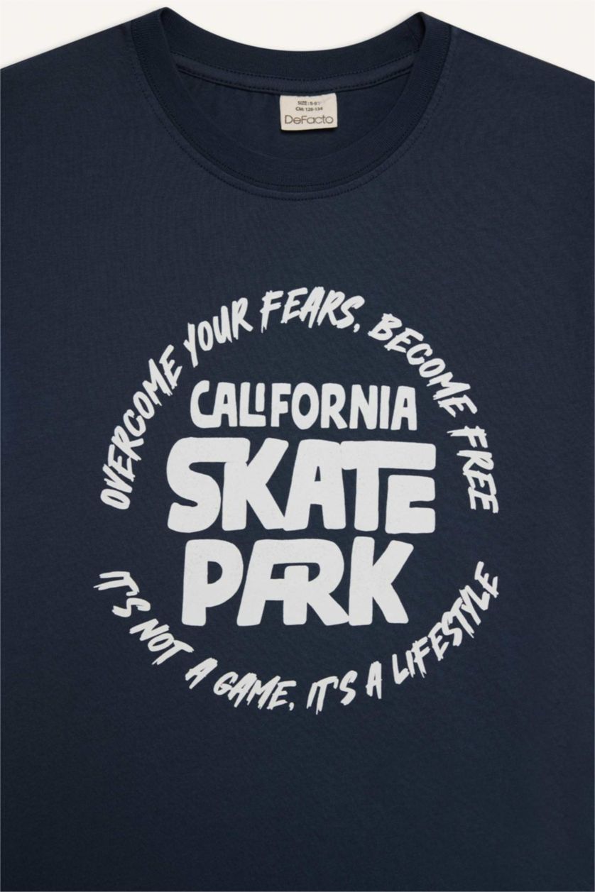 Erkek Çocuk - Genç Erkek Açık Lacivert Bisiklet Yaka Baskılı Kısa Kollu Tişört Erkek Çocuk