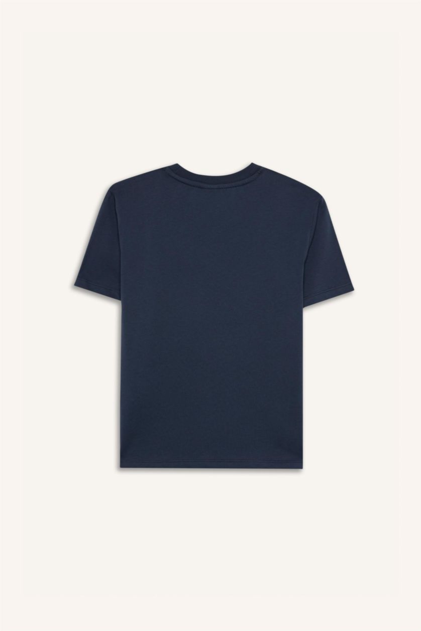 Erkek Çocuk - Genç Erkek Açık Lacivert Bisiklet Yaka Baskılı Kısa Kollu Tişört Erkek Çocuk