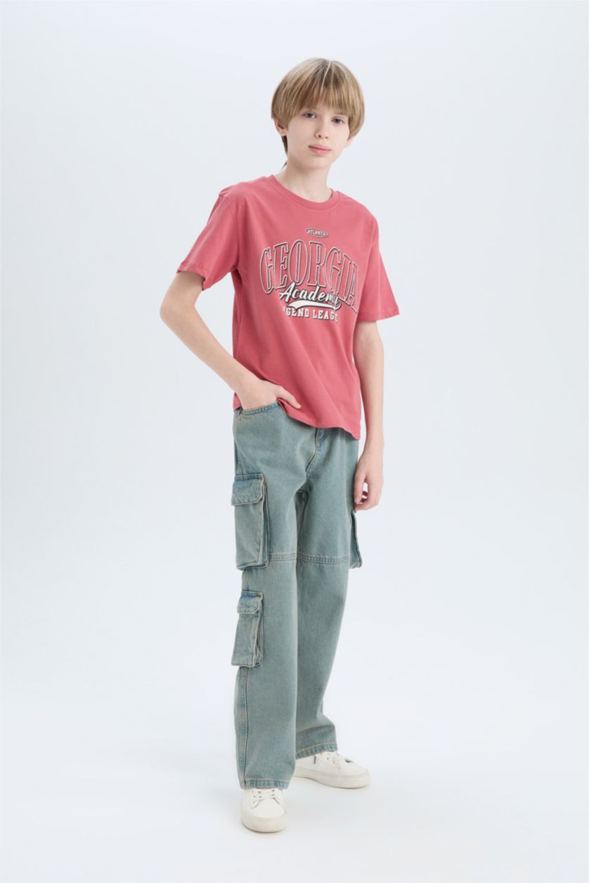 Erkek Çocuk - Genç Erkek Koyu Gülkurusu Bisiklet Yaka Baskılı Kısa Kollu Tişört Erkek Çocuk