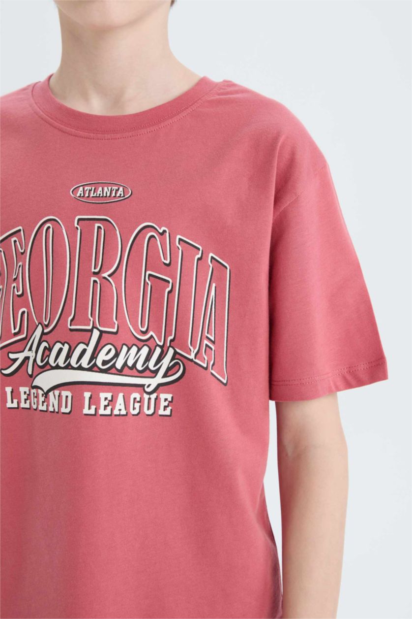 Erkek Çocuk - Genç Erkek Koyu Gülkurusu Bisiklet Yaka Baskılı Kısa Kollu Tişört Erkek Çocuk