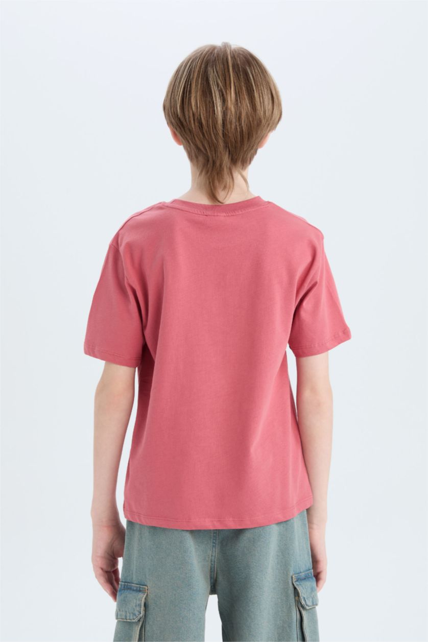 Erkek Çocuk - Genç Erkek Koyu Gülkurusu Bisiklet Yaka Baskılı Kısa Kollu Tişört Erkek Çocuk