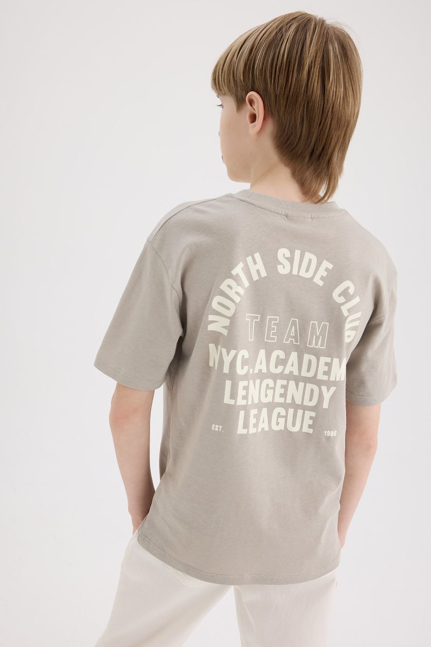 Erkek Çocuk - Genç Erkek Açık Gri Bisiklet Yaka Sırt Baskılı Kısa Kollu Tişört Erkek Çocuk