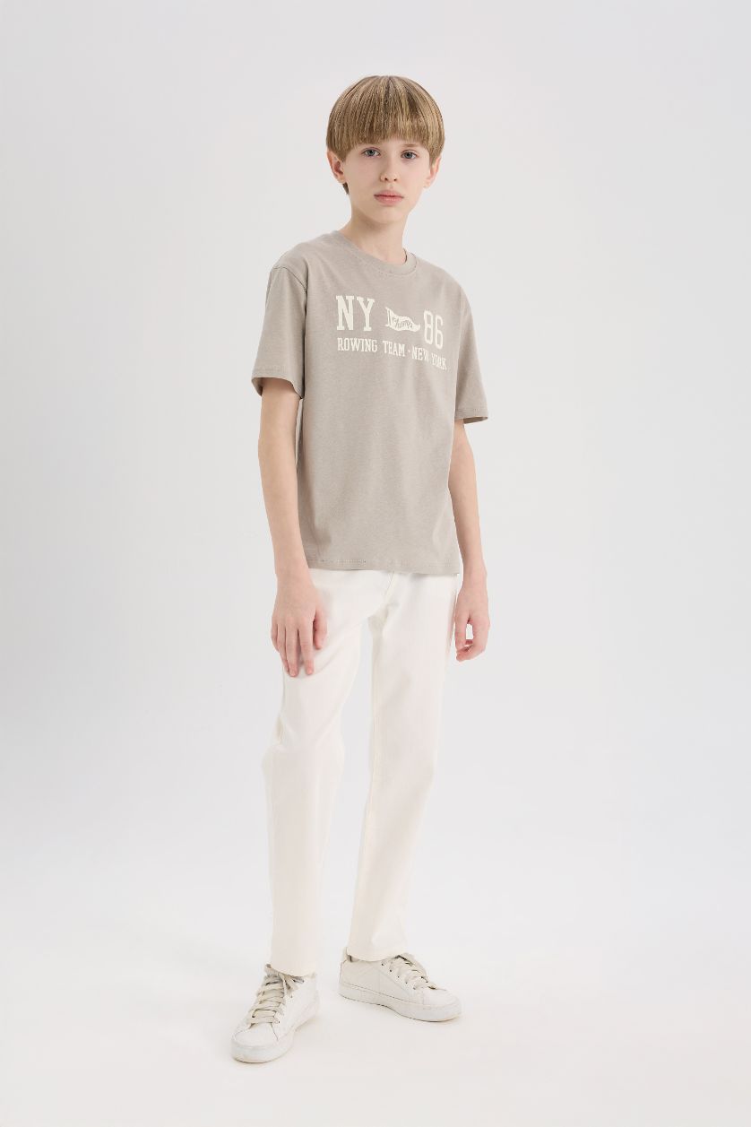 Erkek Çocuk - Genç Erkek Açık Gri Bisiklet Yaka Sırt Baskılı Kısa Kollu Tişört Erkek Çocuk