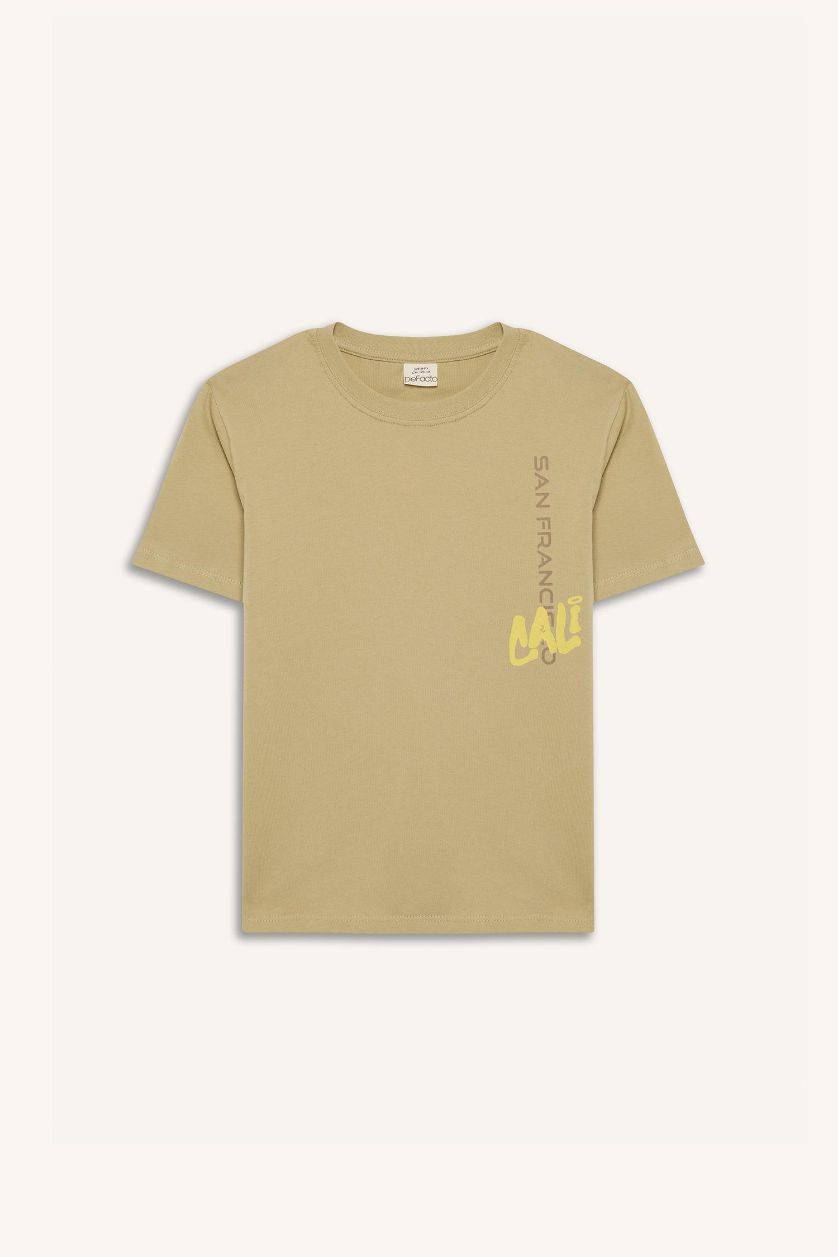 Erkek Çocuk - Genç Erkek Açık Haki Bisiklet Yaka Sırt Baskılı Kısa Kollu Tişört Erkek Çocuk