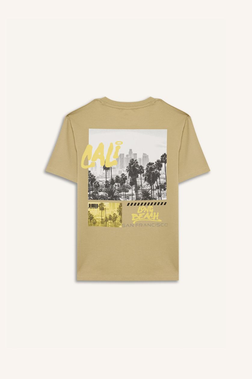 Erkek Çocuk - Genç Erkek Açık Haki Bisiklet Yaka Sırt Baskılı Kısa Kollu Tişört Erkek Çocuk