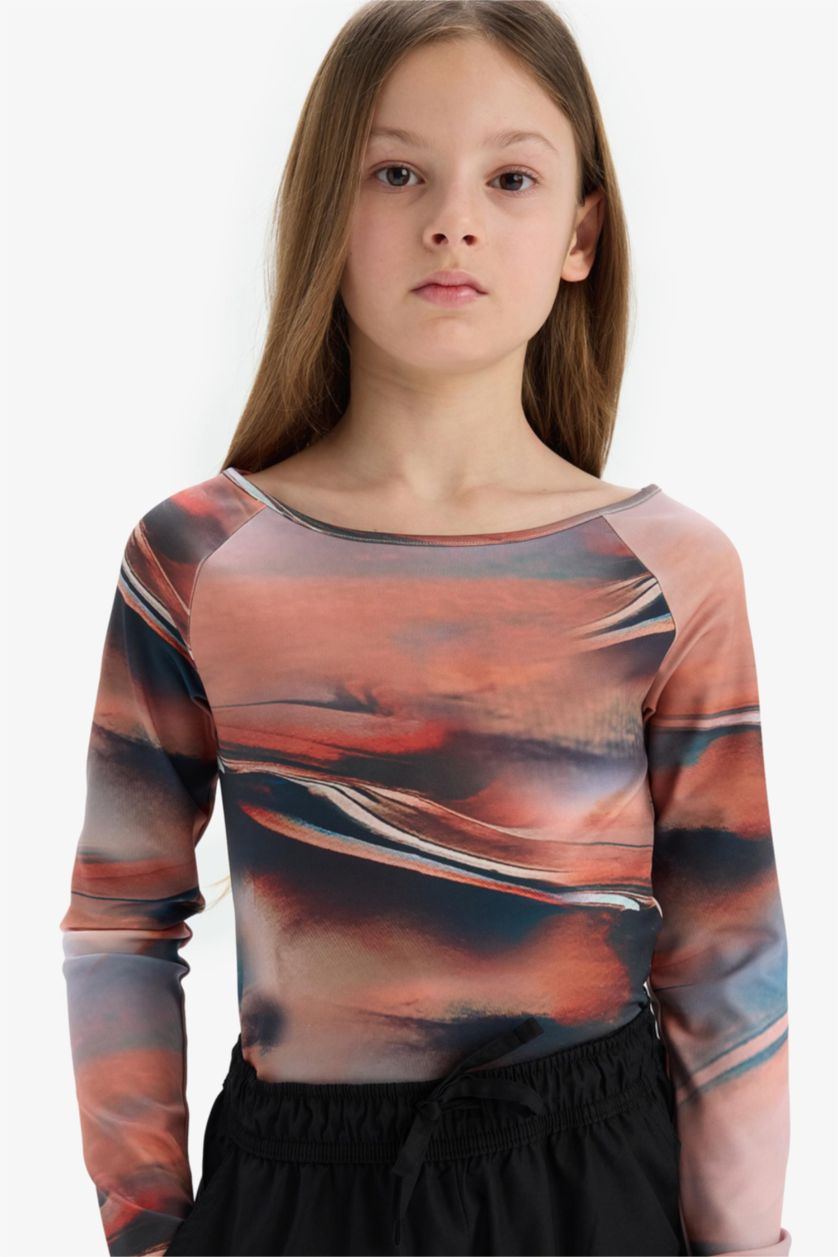 Kız Çocuk - Genç Kız Bej Slim Fit Dar Kesim Kaçık Yaka Uzun Kollu Tişört Kız Çocuk