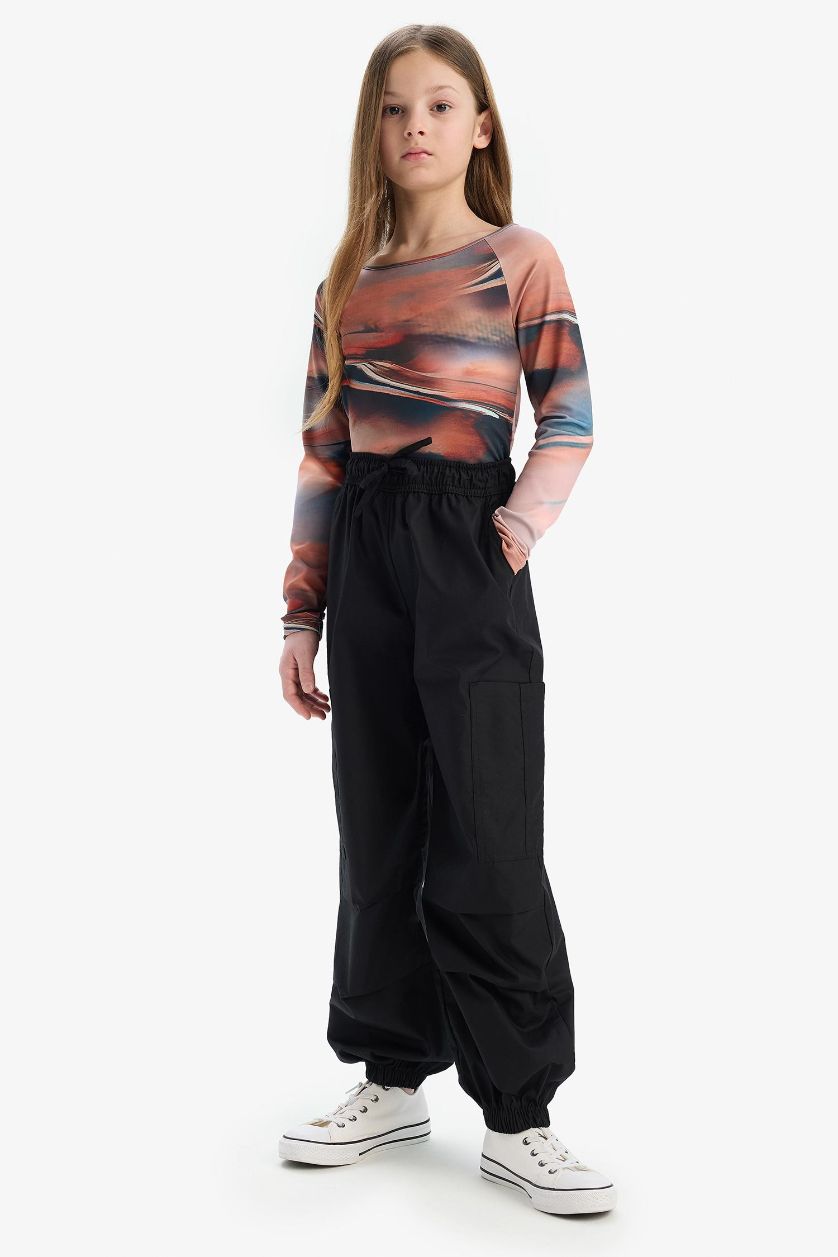 Kız Çocuk - Genç Kız Bej Slim Fit Dar Kesim Kaçık Yaka Uzun Kollu Tişört Kız Çocuk