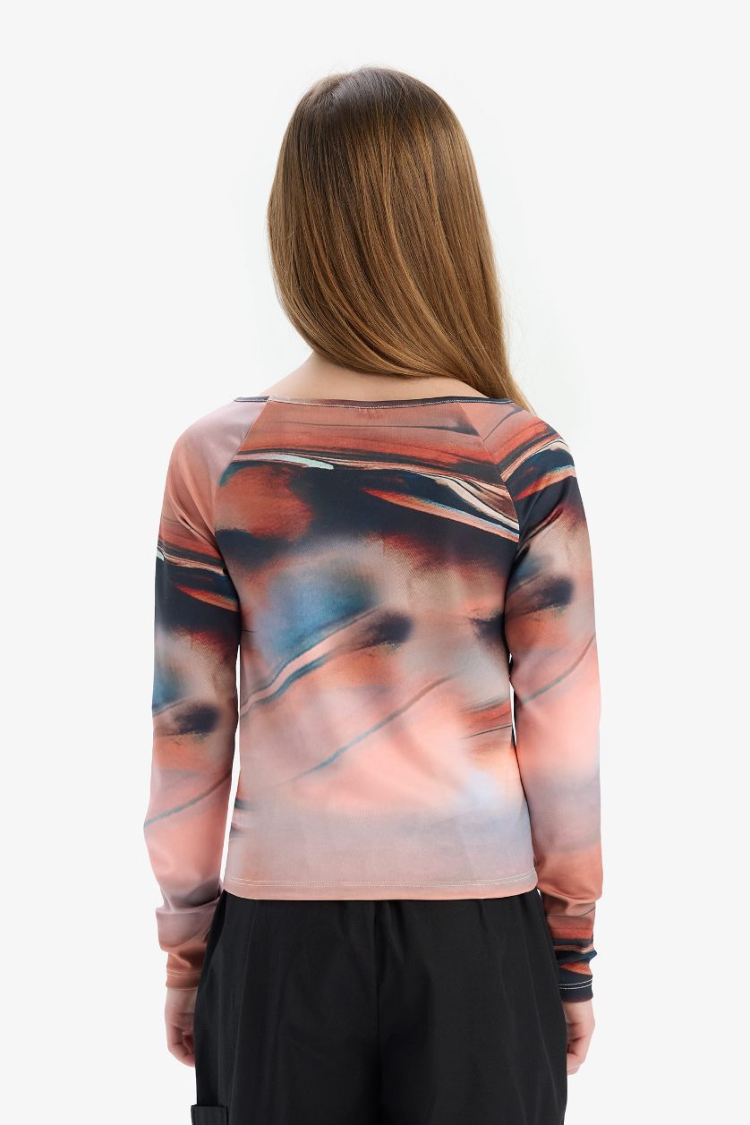 Kız Çocuk - Genç Kız Bej Slim Fit Dar Kesim Kaçık Yaka Uzun Kollu Tişört Kız Çocuk