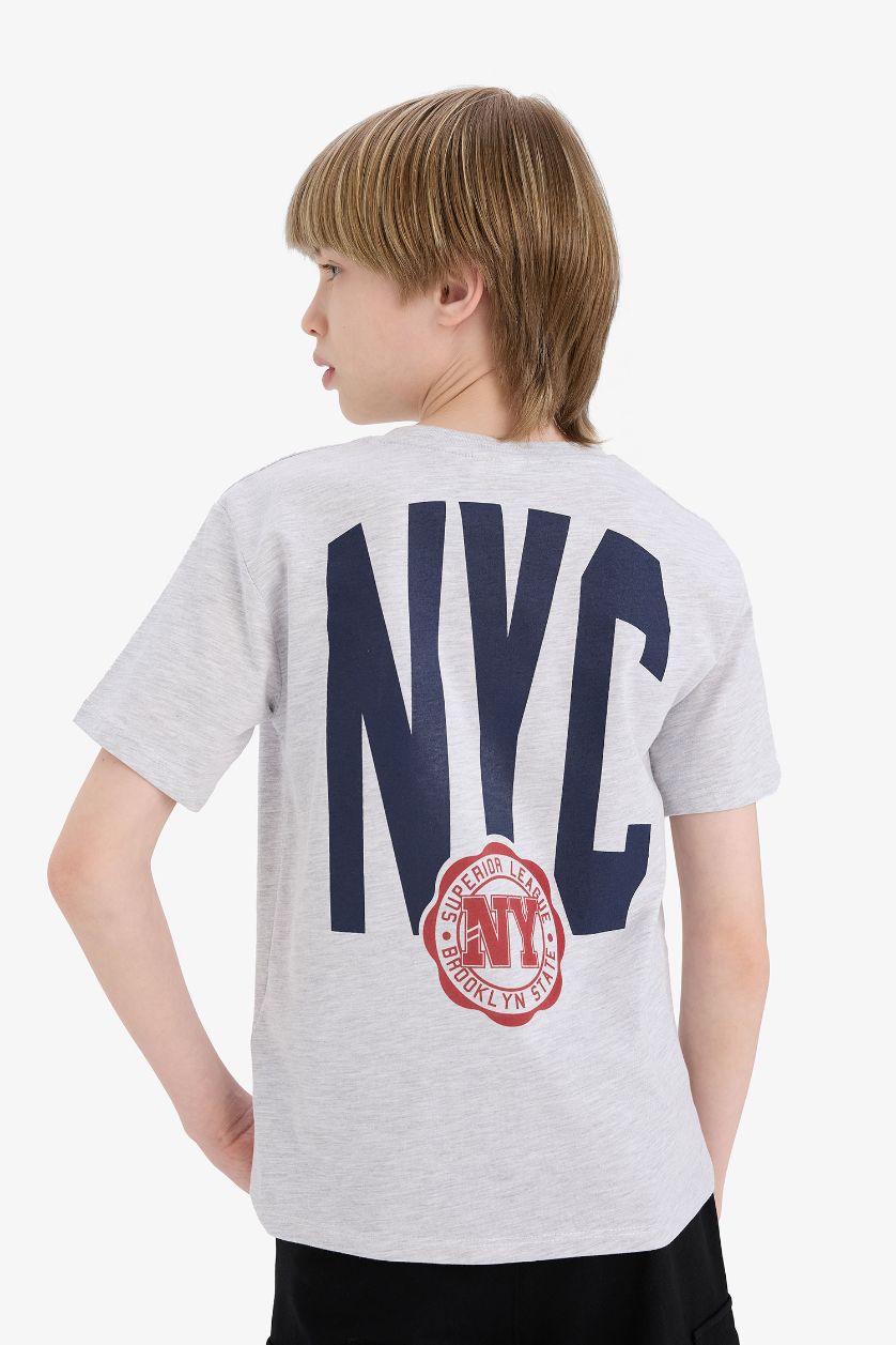 أولادي ميلانج رمادي فاتح تيشيرت نص كم مطبوع قصة عادية برقبة مستديرة